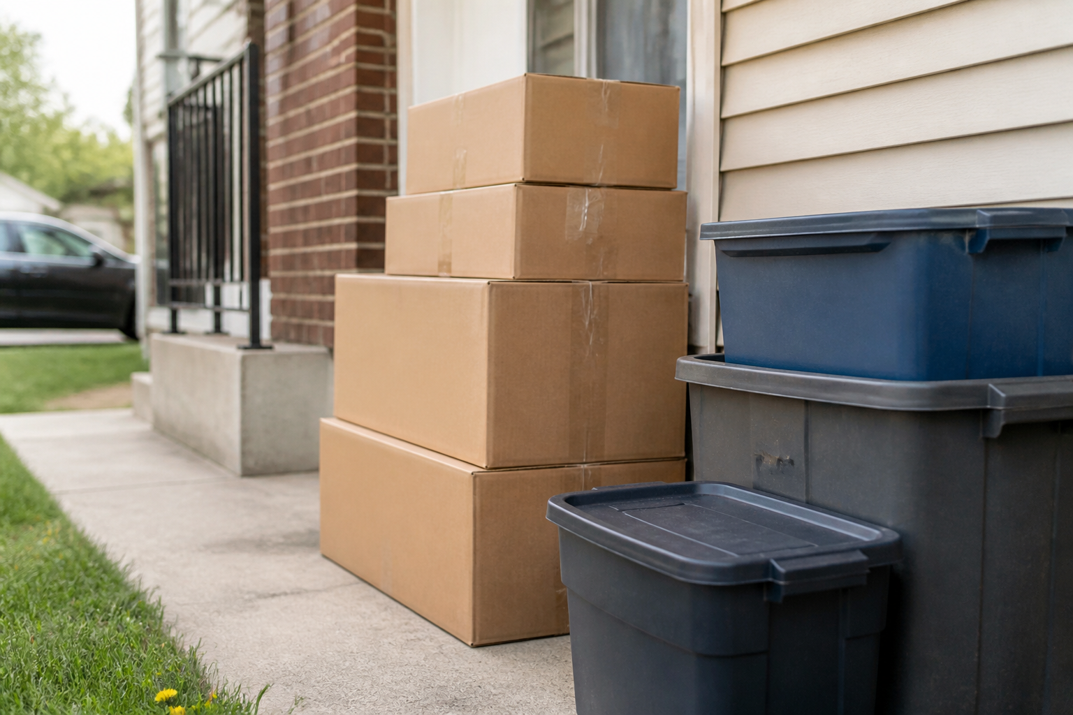 Cartons empiles pres de boites de rangement residentielles.