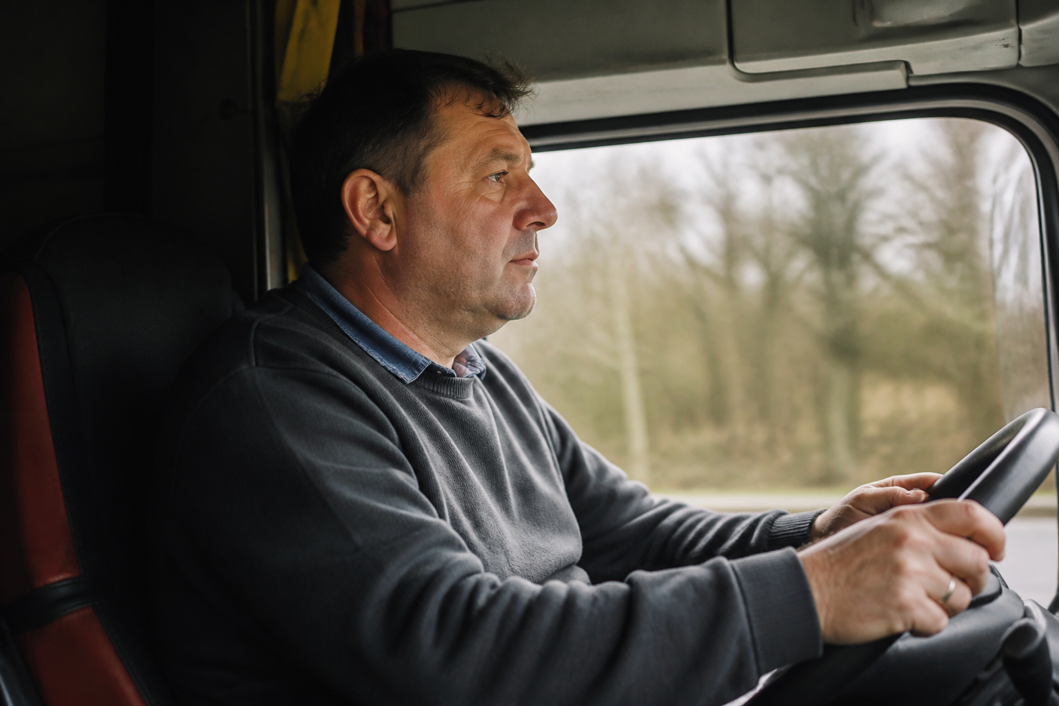 Conducteur routier concentre sur volant de camion