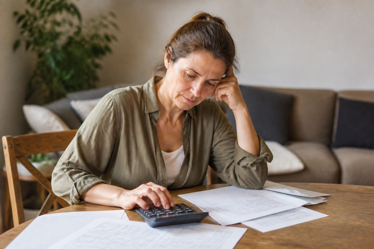 Femme assise seule a table avec documents financiers.