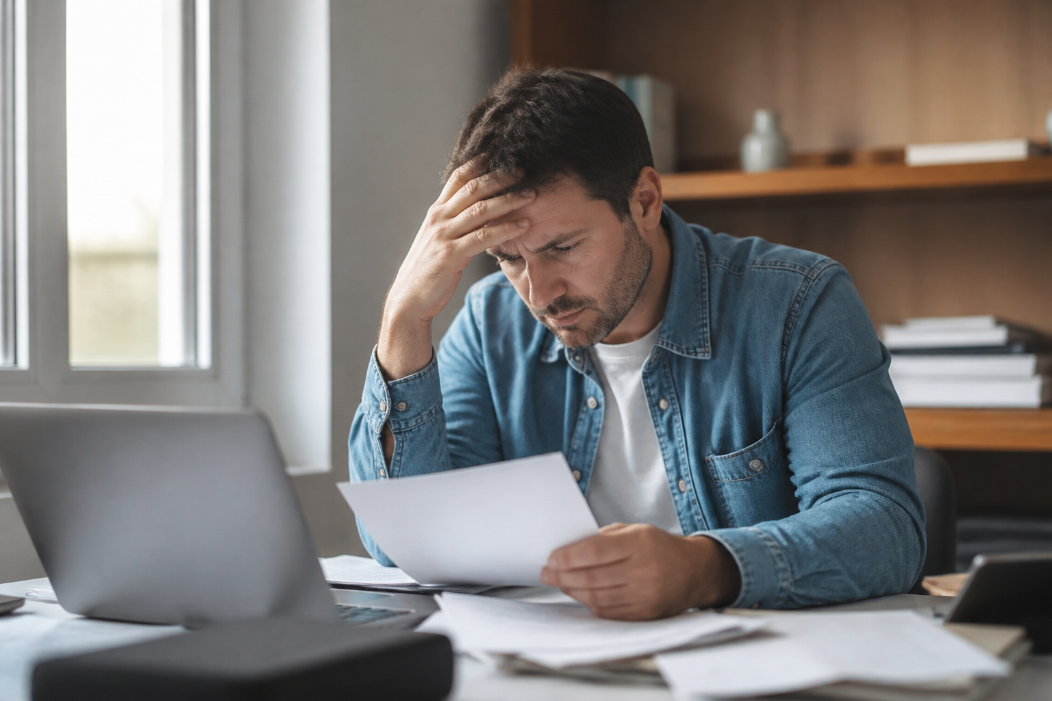 Homme assis a son bureau, consultant documents financiers inquiet.