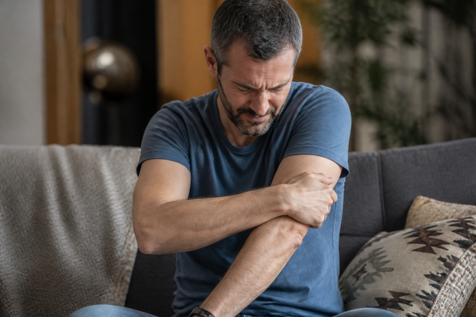 Homme tenant son coude douloureux contre sa poitrine.
