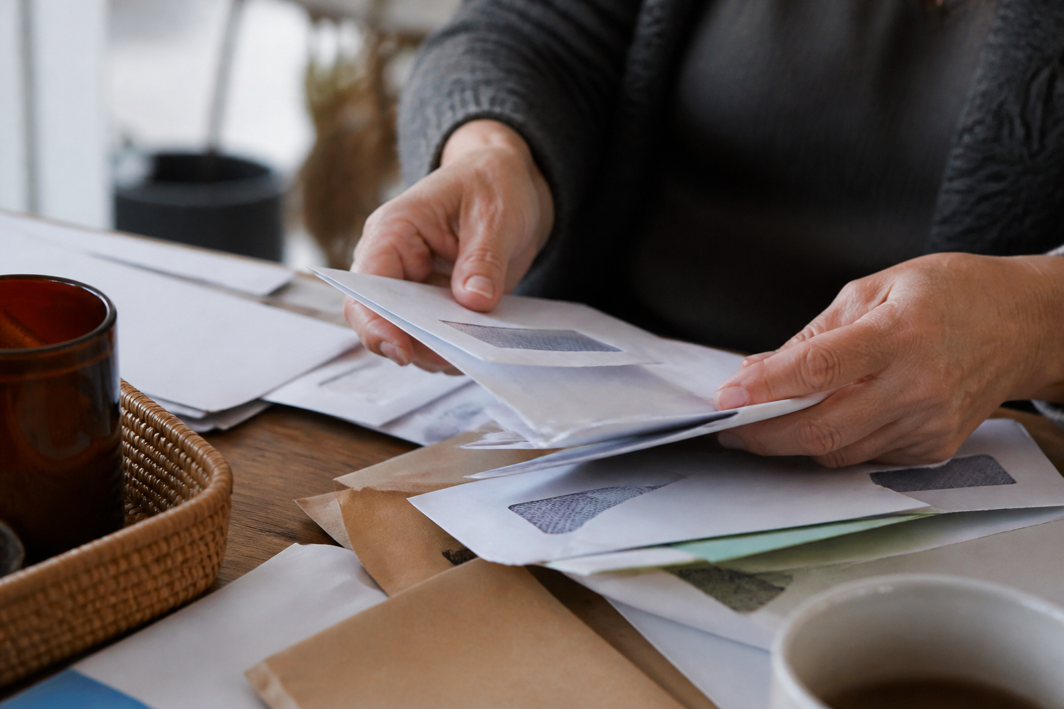 Mains triant enveloppes sur bureau encombré domicile.