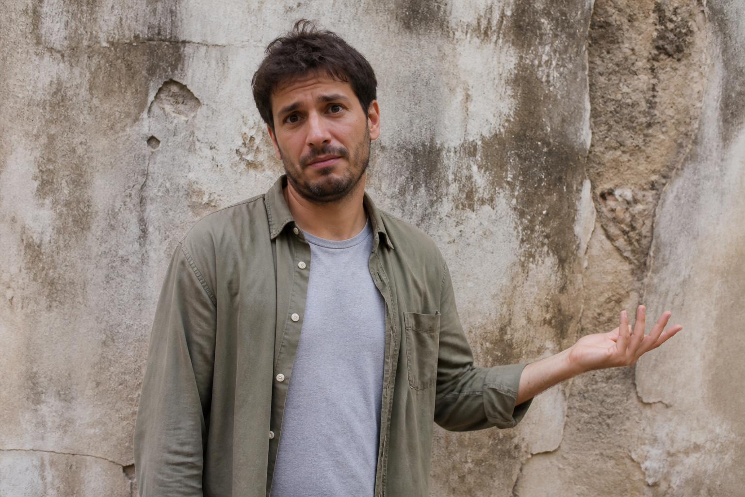 Personne debout devant un mur, main levée avec expression d'incertitude