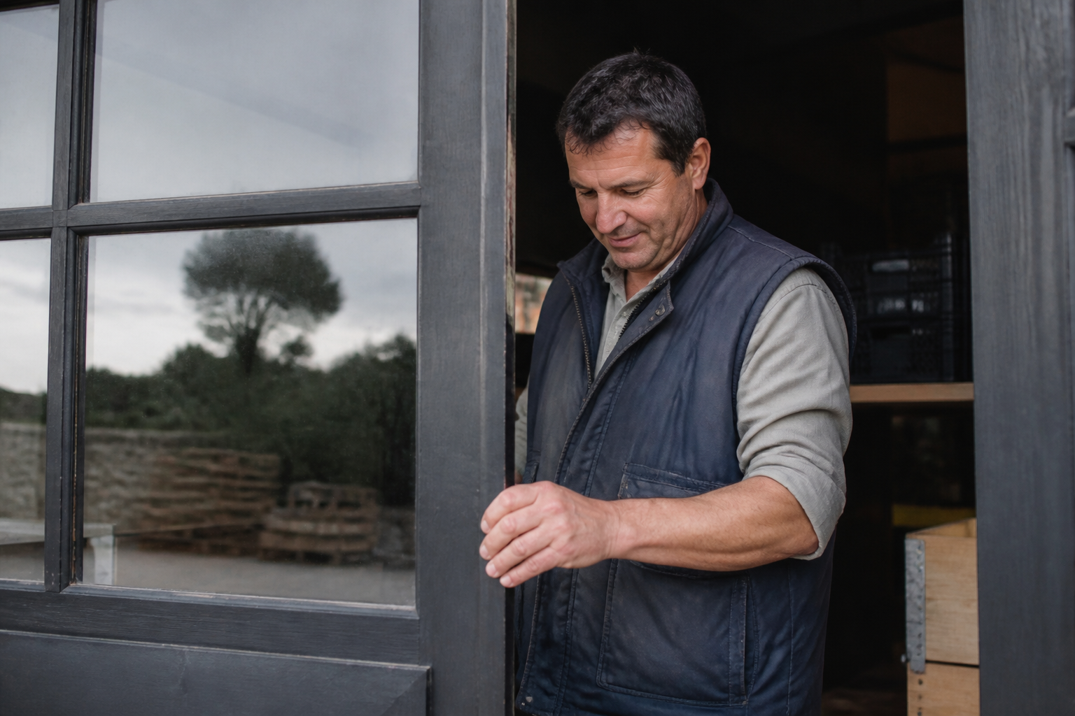 Proprietaire ferme porte commerciale avec panneau "Ferme"