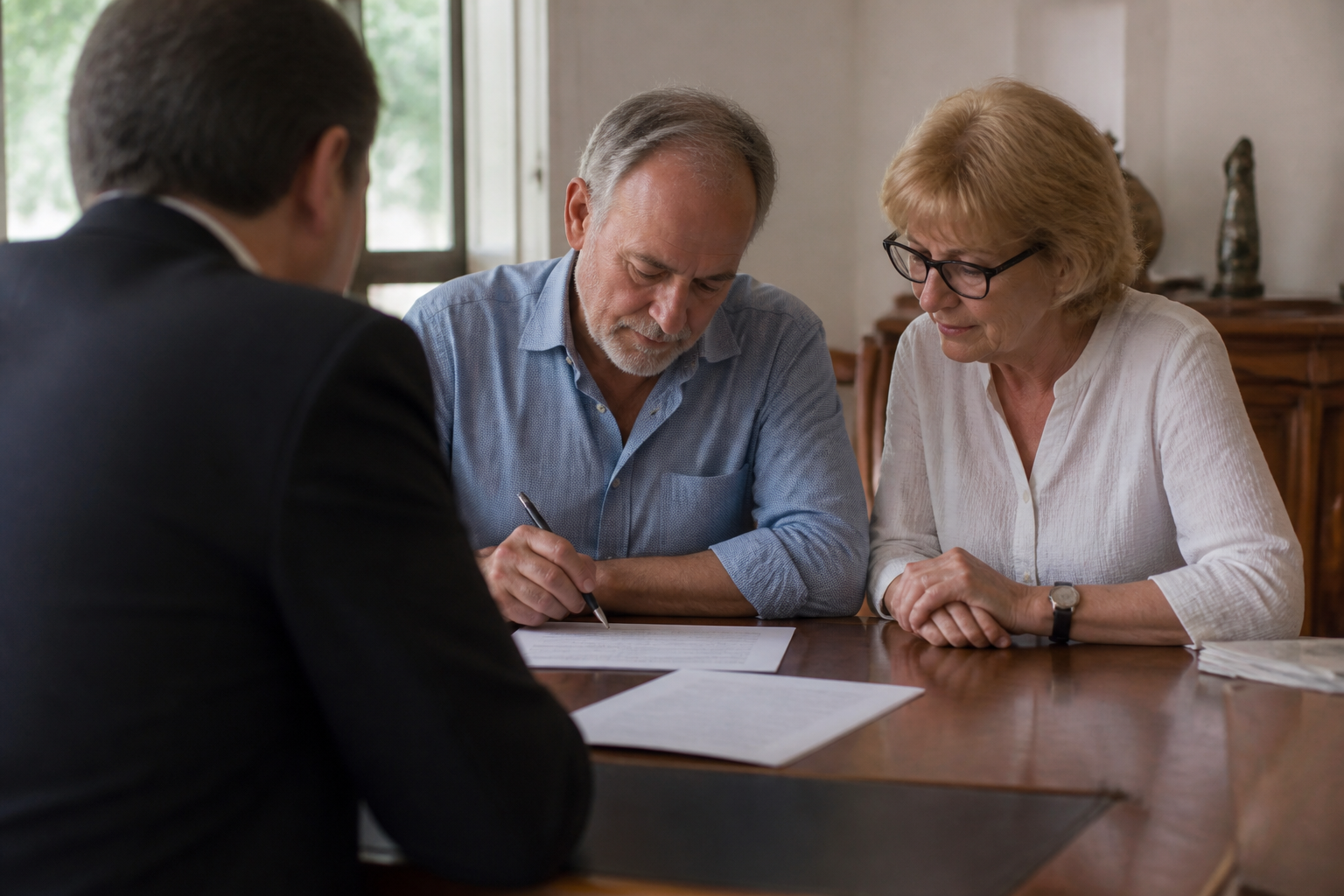 Couple senior signant documents immobiliers avec notaire présent.
