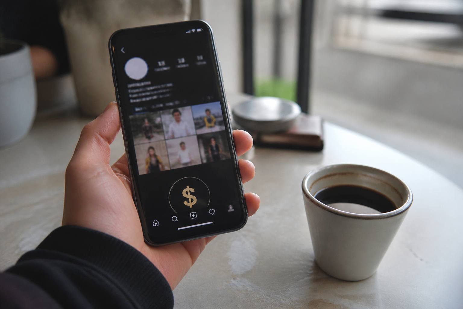 Smartphone affichant compteur followers avec symbole dollar visible